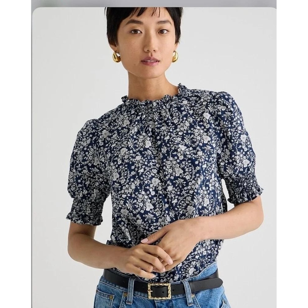 J.Crew Smocked Puff-Sleeve Top Liberty Summer Blooms Floral‎ Navy White M